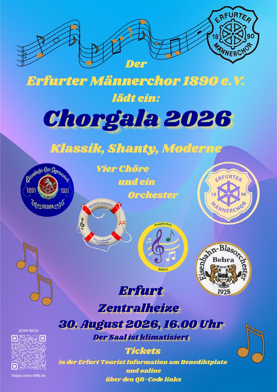 Flyer Chorgala 2026: Klassik, Shanty, Moderne – vier Chöre und ein Orchester am 30. August 2026 um 16:00 Uhr in der Zentralheize Erfurt